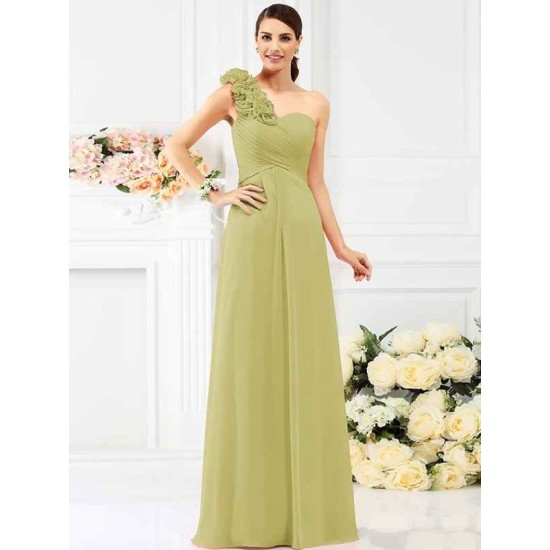 Charming One Shoulder Hand-Made Flower Sleeveless Long Chiffon Bridesmaid Dresses