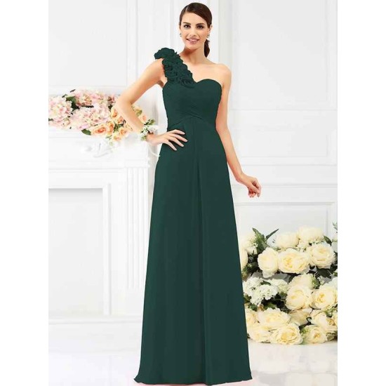 Charming One Shoulder Hand-Made Flower Sleeveless Long Chiffon Bridesmaid Dresses