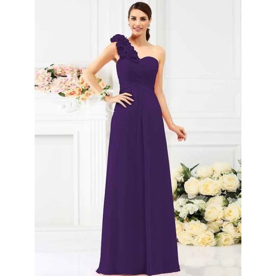 Charming One Shoulder Hand-Made Flower Sleeveless Long Chiffon Bridesmaid Dresses