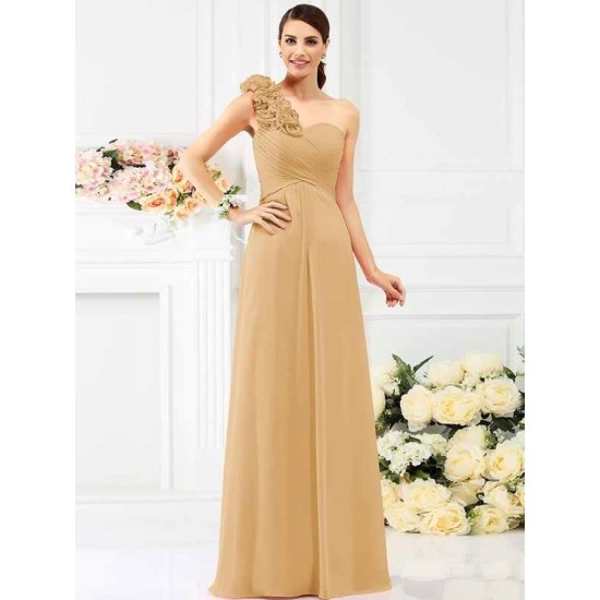Charming One Shoulder Hand-Made Flower Sleeveless Long Chiffon Bridesmaid Dresses