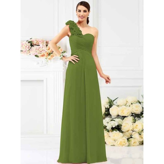 Charming One Shoulder Hand-Made Flower Sleeveless Long Chiffon Bridesmaid Dresses