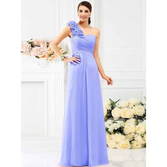 Charming One Shoulder Hand-Made Flower Sleeveless Long Chiffon Bridesmaid Dresses