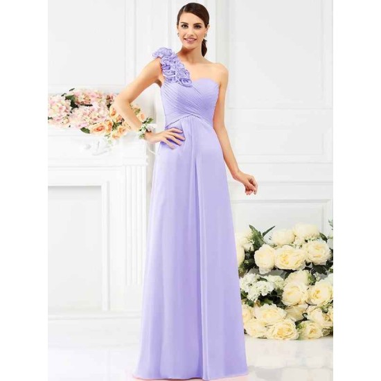 Charming One Shoulder Hand-Made Flower Sleeveless Long Chiffon Bridesmaid Dresses