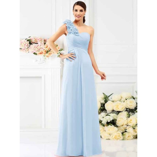 Charming One Shoulder Hand-Made Flower Sleeveless Long Chiffon Bridesmaid Dresses
