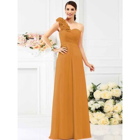 Charming One Shoulder Hand-Made Flower Sleeveless Long Chiffon Bridesmaid Dresses