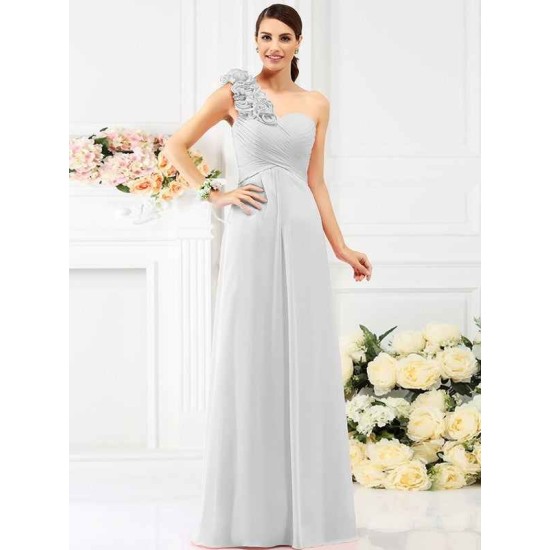 Charming One Shoulder Hand-Made Flower Sleeveless Long Chiffon Bridesmaid Dresses