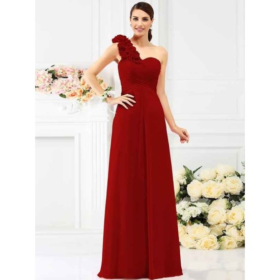 Charming One Shoulder Hand-Made Flower Sleeveless Long Chiffon Bridesmaid Dresses
