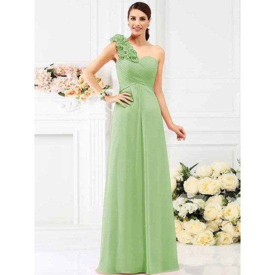 Charming One Shoulder Hand-Made Flower Sleeveless Long Chiffon Bridesmaid Dresses