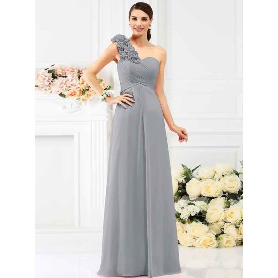 Charming One Shoulder Hand-Made Flower Sleeveless Long Chiffon Bridesmaid Dresses