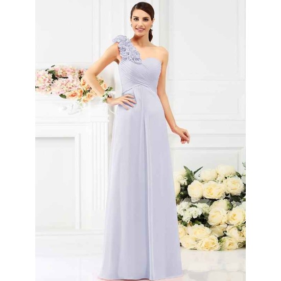 Charming One Shoulder Hand-Made Flower Sleeveless Long Chiffon Bridesmaid Dresses