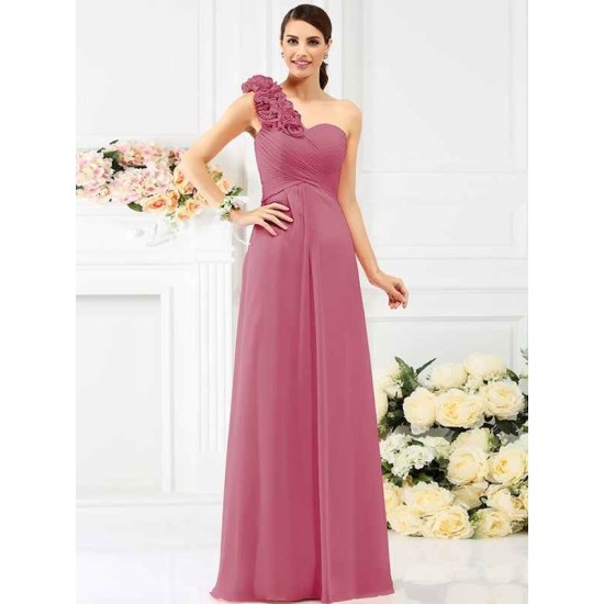 Charming One Shoulder Hand-Made Flower Sleeveless Long Chiffon Bridesmaid Dresses
