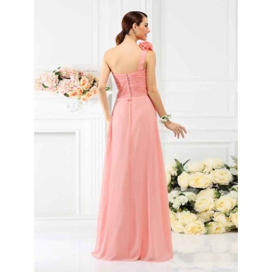 Charming One Shoulder Hand-Made Flower Sleeveless Long Chiffon Bridesmaid Dresses