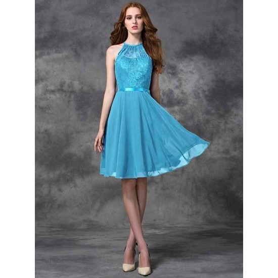 Charming Halter Lace Sleeveless Short Chiffon Bridesmaid Dresses