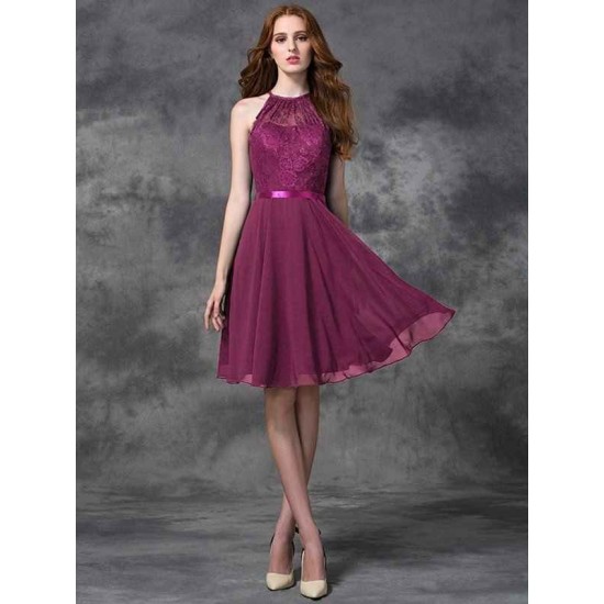 Charming Halter Lace Sleeveless Short Chiffon Bridesmaid Dresses