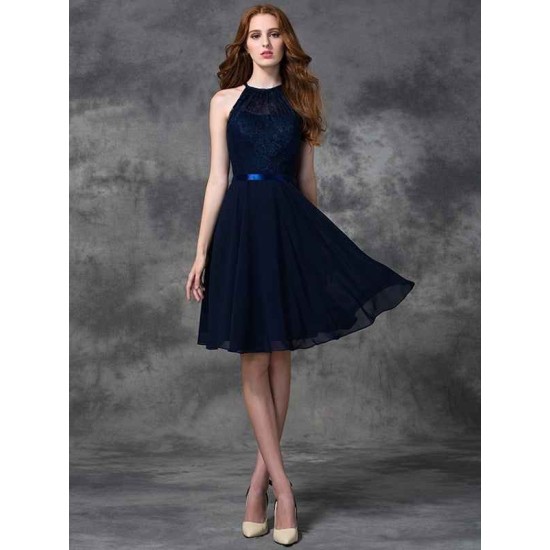 Charming Halter Lace Sleeveless Short Chiffon Bridesmaid Dresses