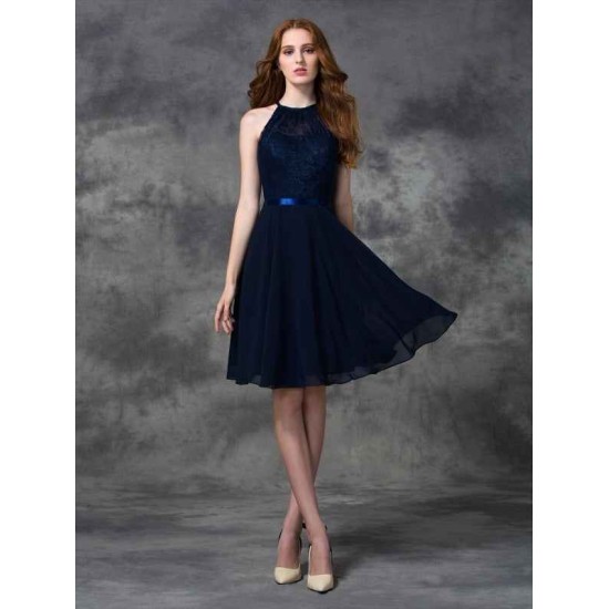 Charming Halter Lace Sleeveless Short Chiffon Bridesmaid Dresses
