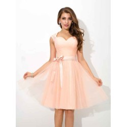 Charming Straps Sash/Ribbon/Belt Sleeveless Short Net Bridesmaid Dresses