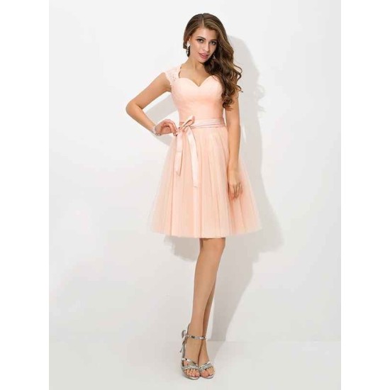 Charming Straps Sash/Ribbon/Belt Sleeveless Short Net Bridesmaid Dresses