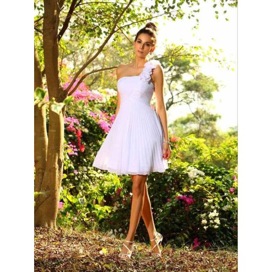Charming One Shoulder Hand-Made Flower Sleeveless Short Chiffon Bridesmaid Dresses