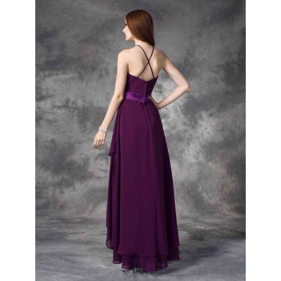 Charming Halter Ruffles Sleeveless High Low Chiffon Bridesmaid Dresses