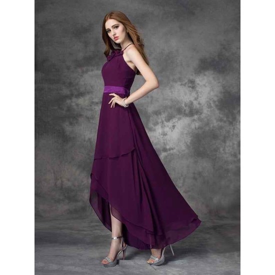Charming Halter Ruffles Sleeveless High Low Chiffon Bridesmaid Dresses
