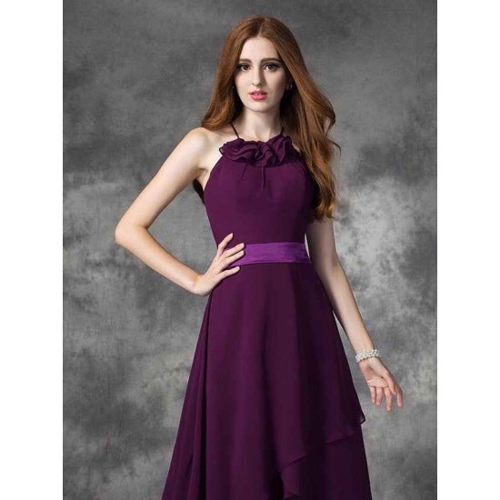 Charming Halter Ruffles Sleeveless High Low Chiffon Bridesmaid Dresses