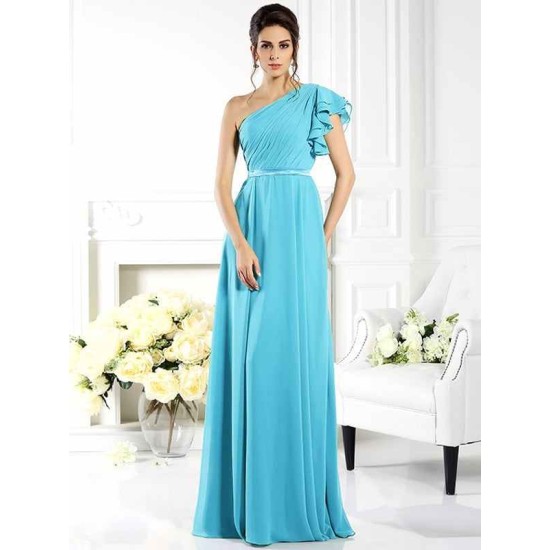 Charming One Shoulder Ruffles Sleeveless Long Chiffon Bridesmaid Dresses