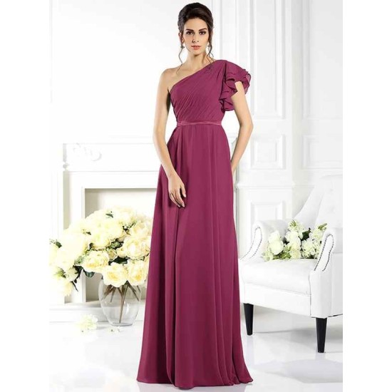 Charming One Shoulder Ruffles Sleeveless Long Chiffon Bridesmaid Dresses