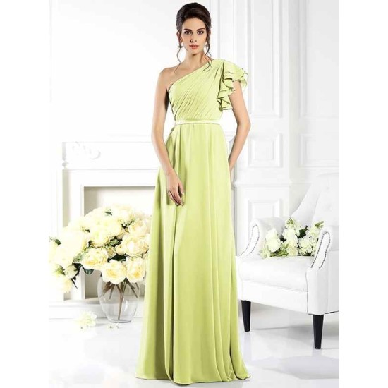 Charming One Shoulder Ruffles Sleeveless Long Chiffon Bridesmaid Dresses