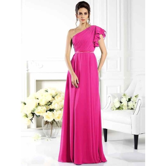 Charming One Shoulder Ruffles Sleeveless Long Chiffon Bridesmaid Dresses