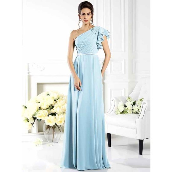 Charming One Shoulder Ruffles Sleeveless Long Chiffon Bridesmaid Dresses
