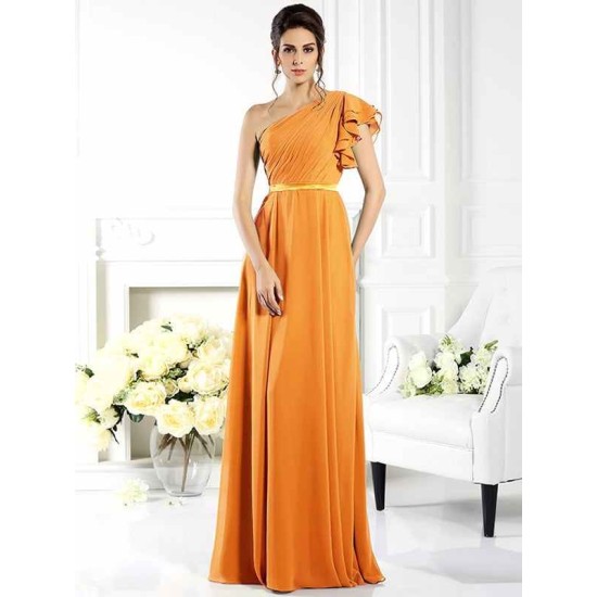 Charming One Shoulder Ruffles Sleeveless Long Chiffon Bridesmaid Dresses