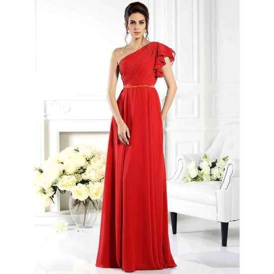 Charming One Shoulder Ruffles Sleeveless Long Chiffon Bridesmaid Dresses