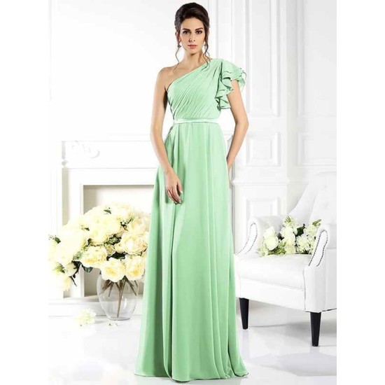 Charming One Shoulder Ruffles Sleeveless Long Chiffon Bridesmaid Dresses