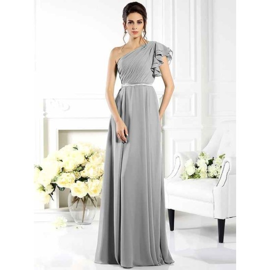 Charming One Shoulder Ruffles Sleeveless Long Chiffon Bridesmaid Dresses