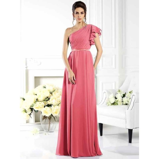 Charming One Shoulder Ruffles Sleeveless Long Chiffon Bridesmaid Dresses