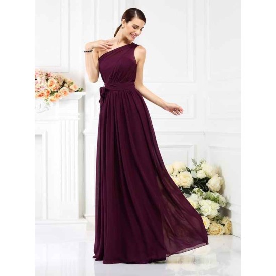 Charming One Shoulder Sash/Ribbon/Belt Sleeveless Long Chiffon Bridesmaid Dresses