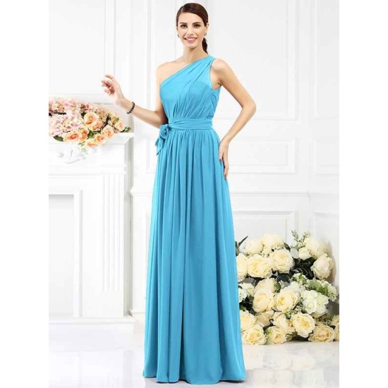 Charming One Shoulder Sash/Ribbon/Belt Sleeveless Long Chiffon Bridesmaid Dresses