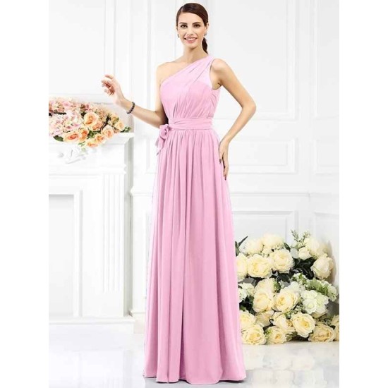 Charming One Shoulder Sash/Ribbon/Belt Sleeveless Long Chiffon Bridesmaid Dresses