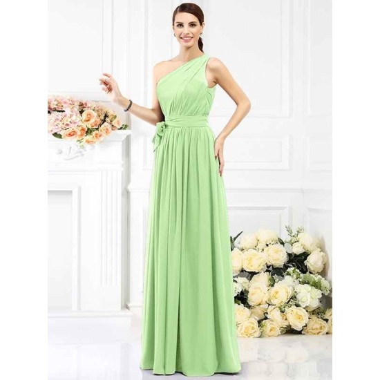 Charming One Shoulder Sash/Ribbon/Belt Sleeveless Long Chiffon Bridesmaid Dresses
