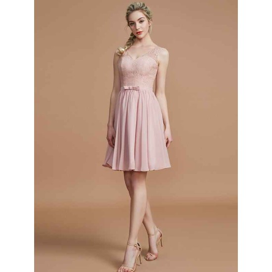 V-Neck Elegant Sleeveless Lace Short/Mini Chiffon Bridesmaid Dresses