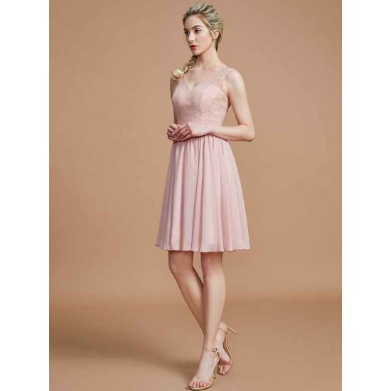 V-Neck Elegant Sleeveless Lace Short/Mini Chiffon Bridesmaid Dresses