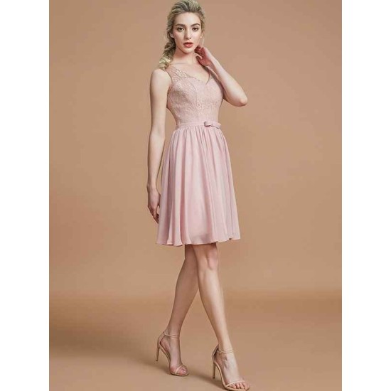 V-Neck Elegant Sleeveless Lace Short/Mini Chiffon Bridesmaid Dresses