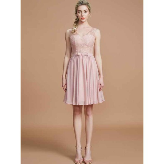 V-Neck Elegant Sleeveless Lace Short/Mini Chiffon Bridesmaid Dresses