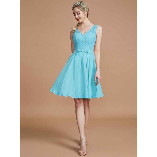 V-Neck Elegant Sleeveless Lace Short/Mini Chiffon Bridesmaid Dresses