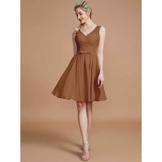 V-Neck Elegant Sleeveless Lace Short/Mini Chiffon Bridesmaid Dresses