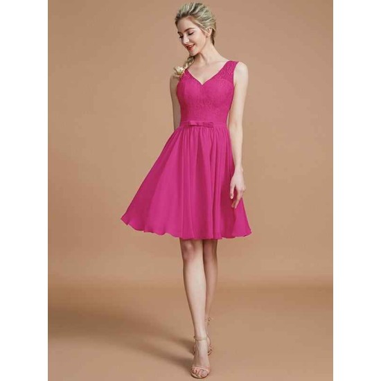 V-Neck Elegant Sleeveless Lace Short/Mini Chiffon Bridesmaid Dresses