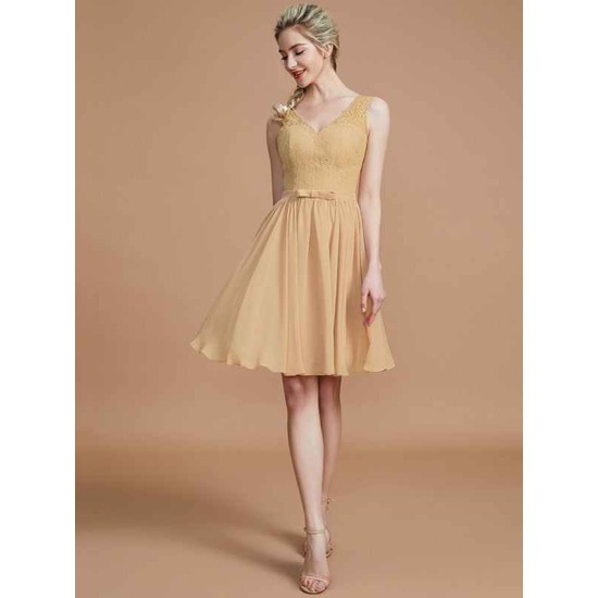 V-Neck Elegant Sleeveless Lace Short/Mini Chiffon Bridesmaid Dresses