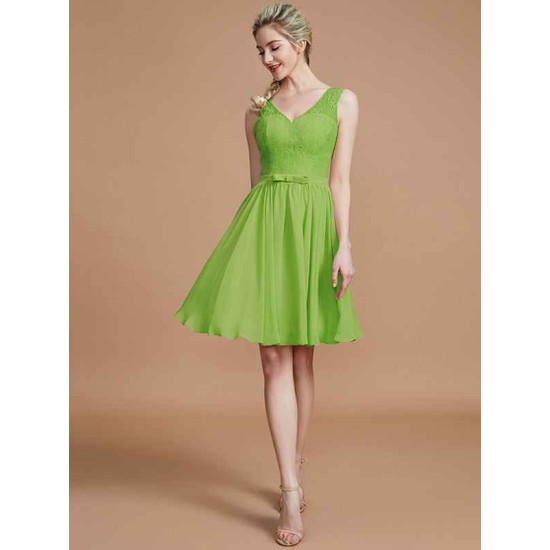 V-Neck Elegant Sleeveless Lace Short/Mini Chiffon Bridesmaid Dresses