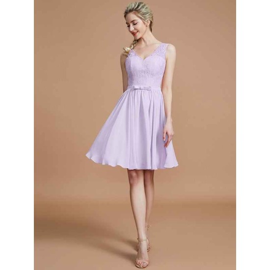 V-Neck Elegant Sleeveless Lace Short/Mini Chiffon Bridesmaid Dresses